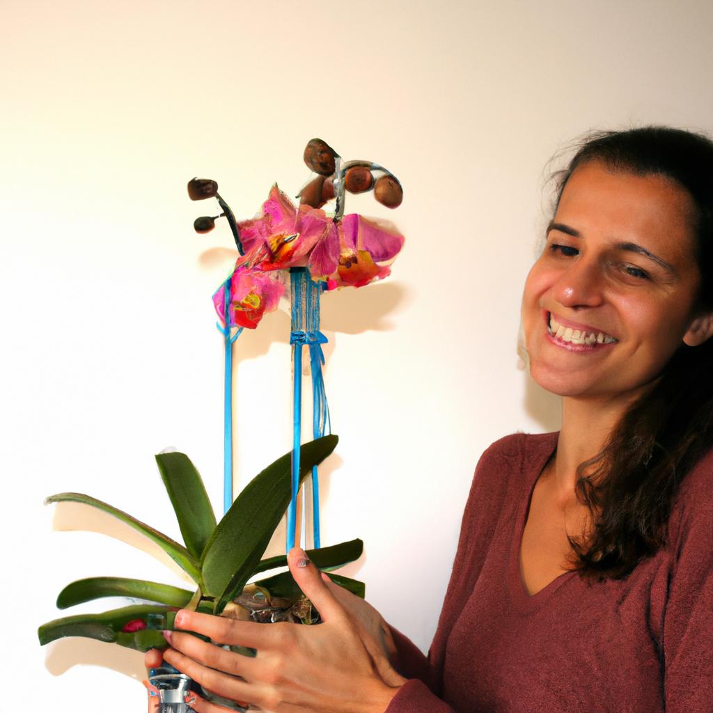 Person holding orchid plant, smiling